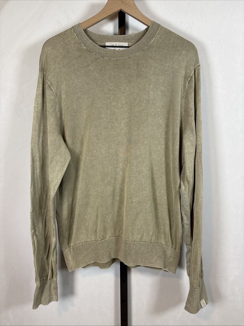 Rag & Bone Pullover Sweater Men's Large Beige Lightweight Elbow Patches Cotton